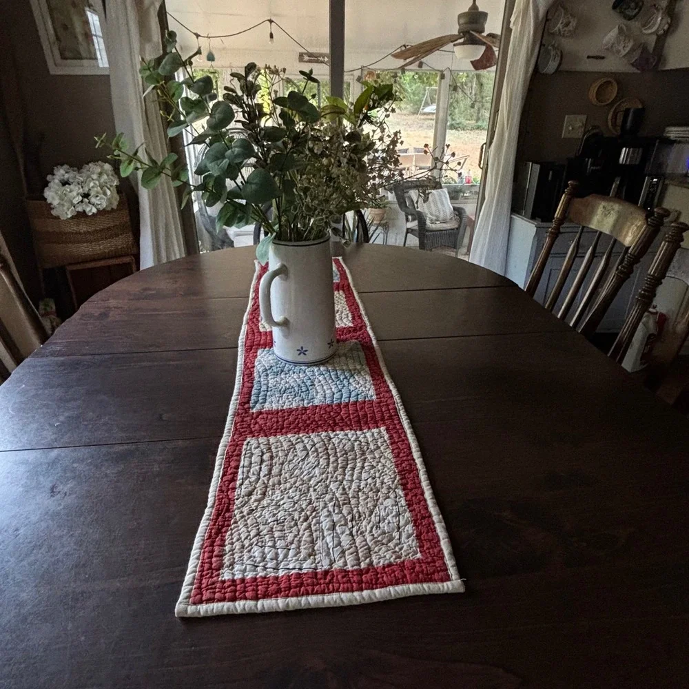Reversible Patchwork Table Runner Americana Red Cream Blue Star Farmhouse 44x11